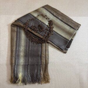 Gray Yellow And Brown Scarf And Brown Beaded Earrings And Necklace Accessory Set